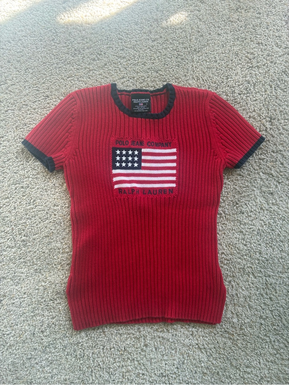 Ralph Lauren Red Ribbed Short Sleeve Sweater with Black Trim